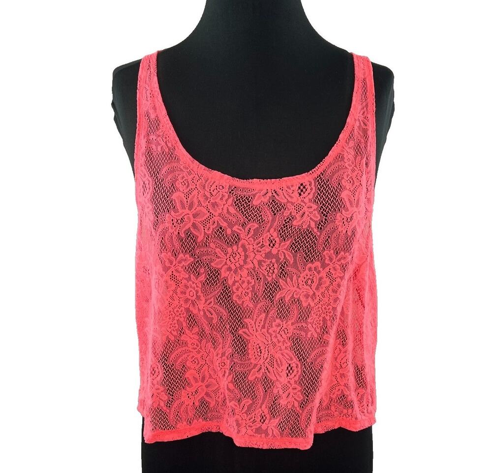 PINK Victoria's Secret Lace Crop Top Vibrant Neon Pink Dog Logo Size M Medium